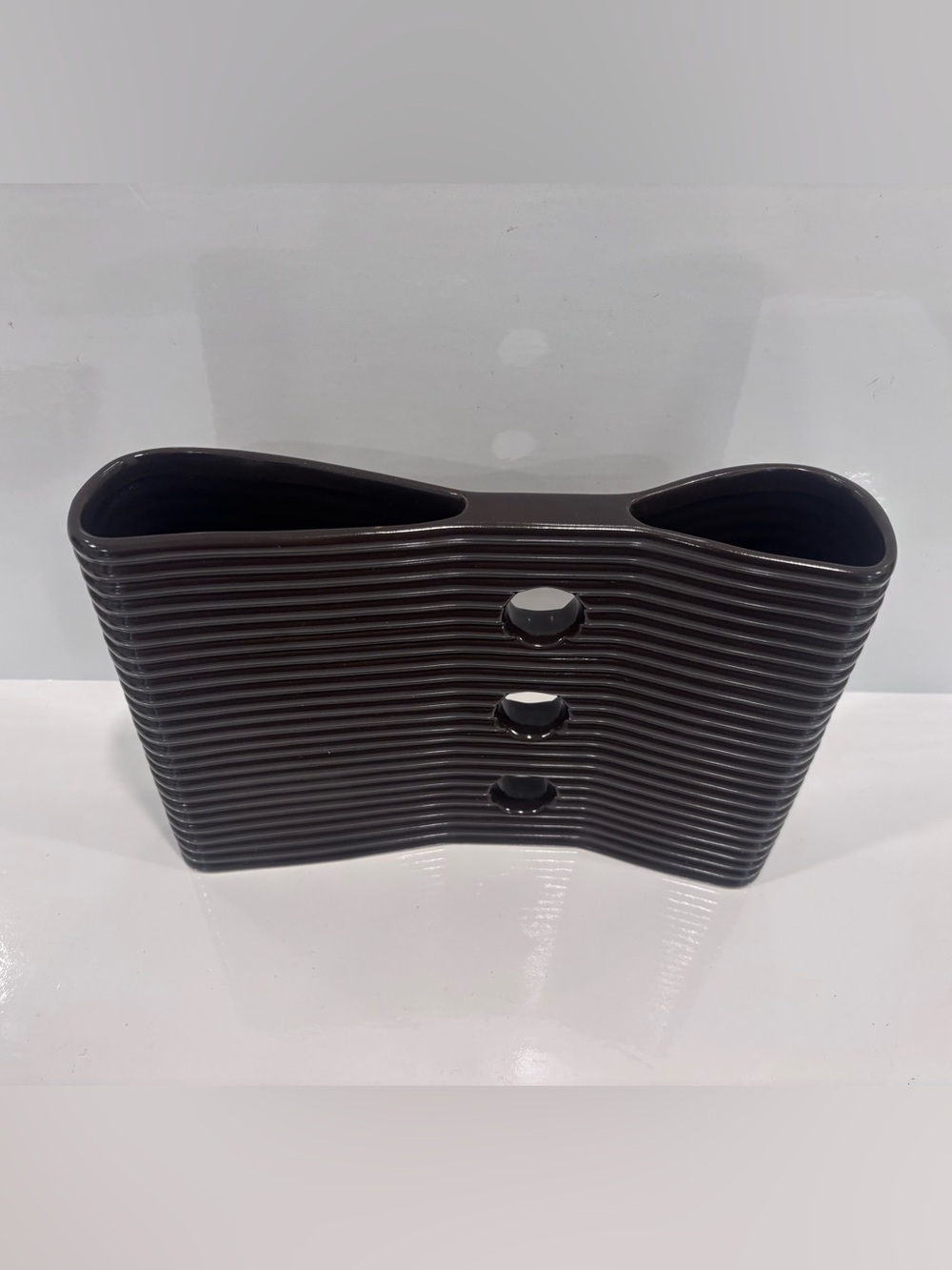 Modern Ribbed Ceramic Vase in Dark Brown - Picture 1 of 7
